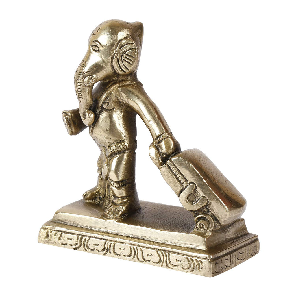 ARTVARKO Brass Ganesha Travelling Ganesh with Suitcase Bag Idol Statue (3.5x4 Inch Gold)