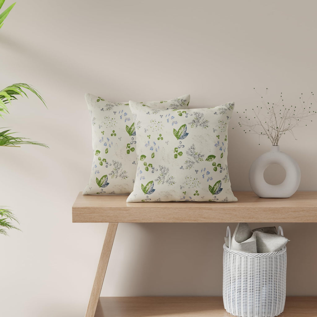HUESLAND Premium Cotton Cushion Cover 16 inch x 16 inch | Decorative Square Throw Pillow Covers Set for Sofa, Living Room & Bedroom | Set of 2 | Green Leaf Floral