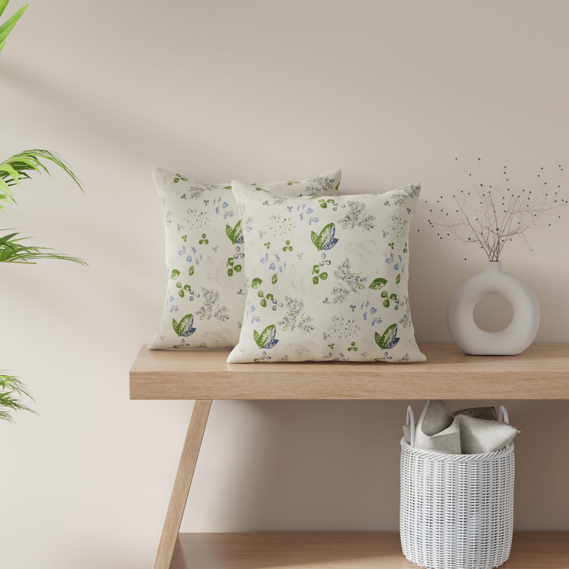 HUESLAND Premium Cotton Cushion Cover 16 inch x 16 inch | Decorative Square Throw Pillow Covers Set for Sofa, Living Room & Bedroom | Set of 2 | Green Leaf Floral
