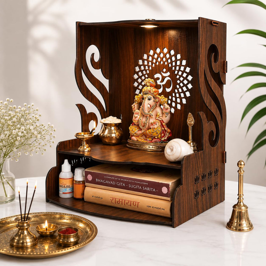 Gift Kya De Wooden Temple for Home Pooja with LED Light | Swan Design Mandir for Wall/Table Top | Home Temple with Om Carving | Pooja Mandir for Living Room, Office Décor (15 x 12 x 9 Inch, Brown)