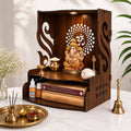 Gift Kya De Wooden Temple for Home Pooja with LED Light | Swan Design Mandir for Wall/Table Top | Home Temple with Om Carving | Pooja Mandir for Living Room, Office Décor (15 x 12 x 9 Inch, Brown)