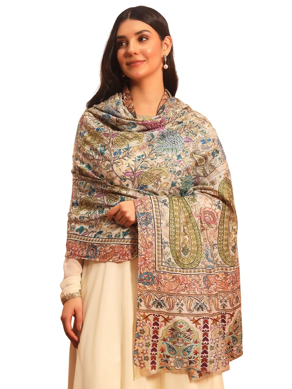 Pashmoda Women Rangkaar Fine Wool Fabric Pashmina Kalamkari Embroidered Shawl (Size: 40x80in, 101x203cm) KAS14