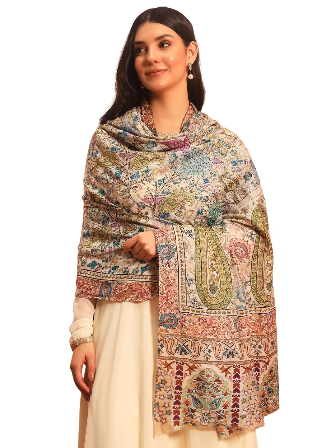 Pashmoda Women Rangkaar Fine Wool Fabric Pashmina Kalamkari Embroidered Shawl (Size: 40x80in, 101x203cm) KAS14