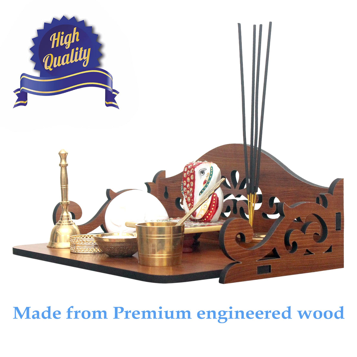 Cosmic String Enterprise LLP Beautiful Wooden Pooja Stand/Mandir/Temple For Home And Office/Puja Mandir For Home And Office Wall/ Product (Height- 5, Length- 12, Width-9 Inch) (Golden Teak))