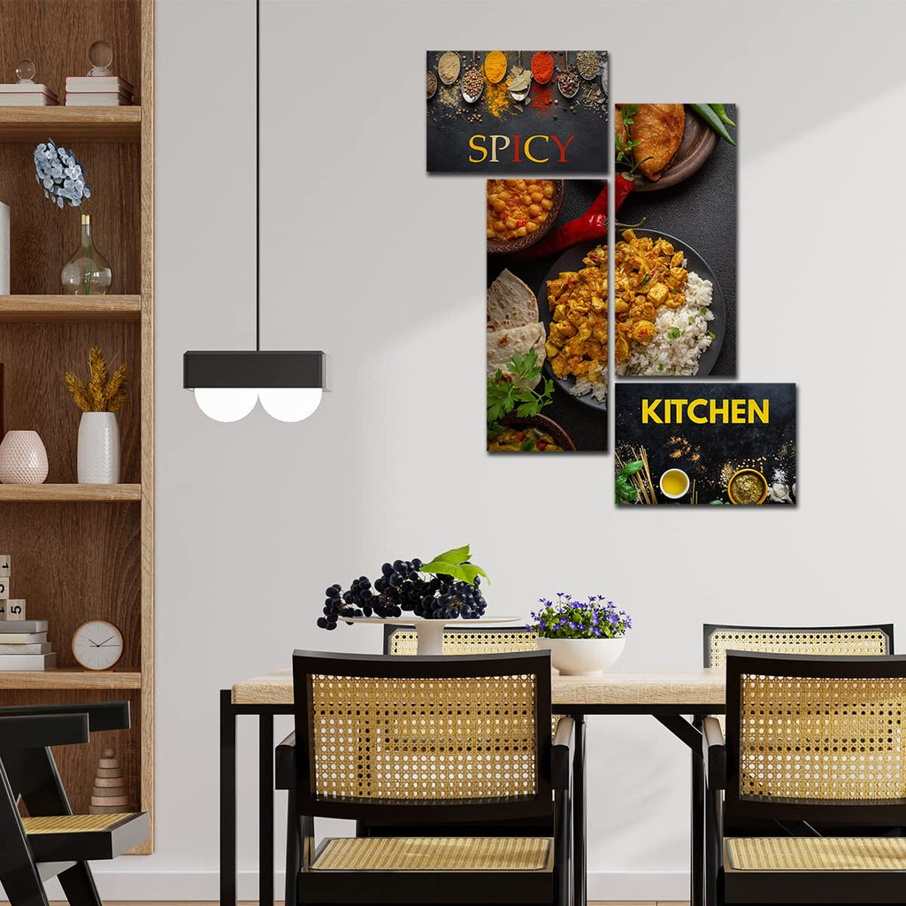 VIBECRAFTS Kitchen's 4 Pieces Canvas Wall Painting Fitted With Wooden Frame For Home | Kitchen | Gifts (PTVC4Pcs3_15507)