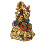 ARTVARKO Brass Ganesha Bhagwan Playing Flute Sitting - Ganpati Statue Moorti with Inlay Handwork for Home Office Marriage Gift Size 8 Inches