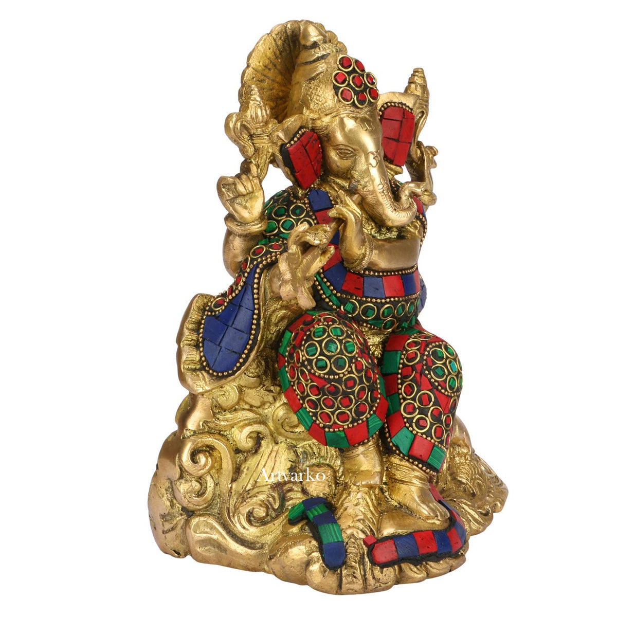 ARTVARKO Brass Ganesha Bhagwan Playing Flute Sitting - Ganpati Statue Moorti with Inlay Handwork for Home Office Marriage Gift Size 8 Inches