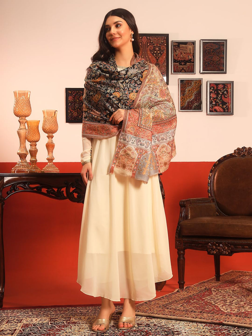 Pashmoda Women Guldasta Fine Wool Fabric Pashmina Kalamkari Embroidered Shawl (Size: 40x80in, 101x203cm) KAS13