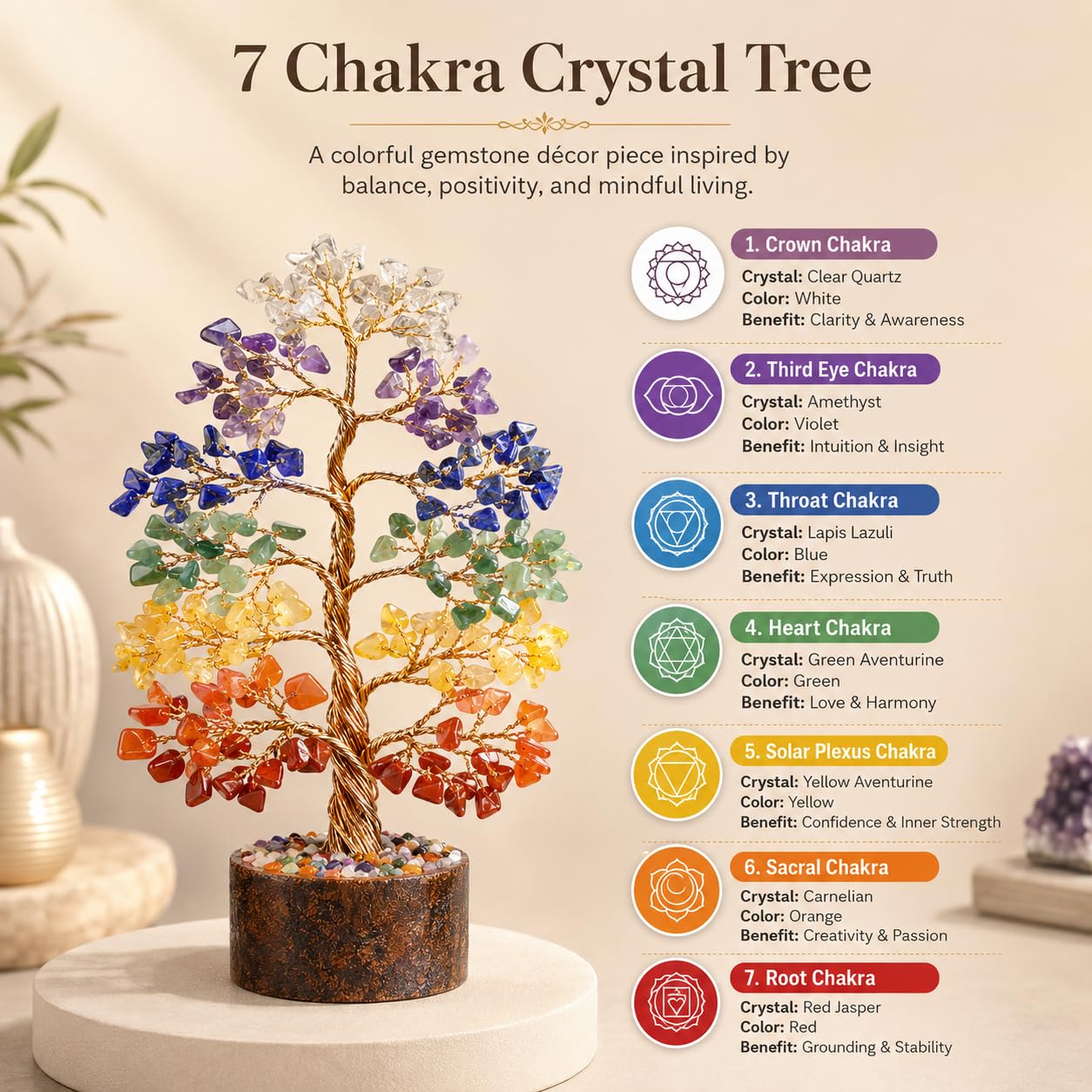 ohonesty 7 Chakra Crystal Tree Antique Showpiece - Positive Energy, Good Luck Gift, Vastu Decor, Spiritual Gift for Women, Living Room TV & Office, Housewarming Gifts, 350 Beads, Multicolor