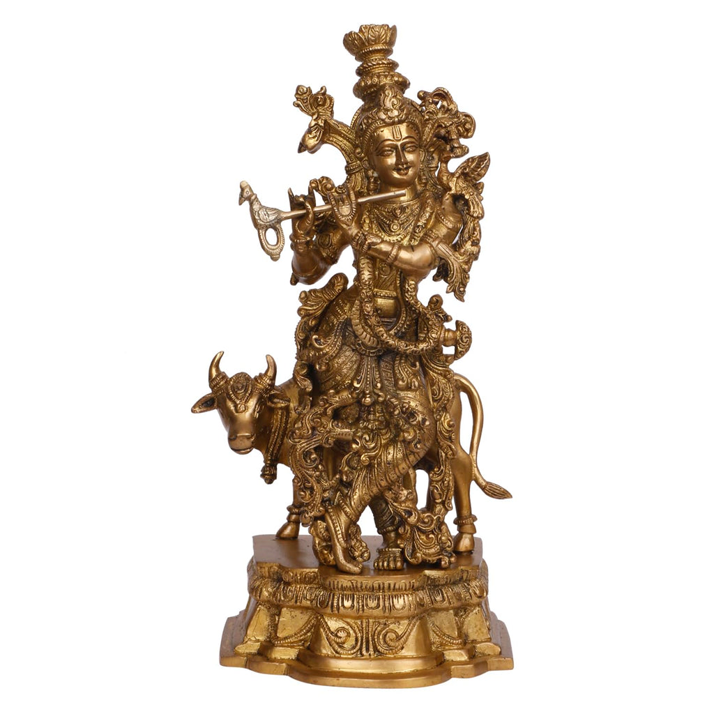ARTVARKO Brass Krishna with Cow Standing Playing Flute Idol Statue for Home Mandir Pooja Krishan Ji Murti Temple Puja Office Home Décor Showpiece Gift 14 Inch.