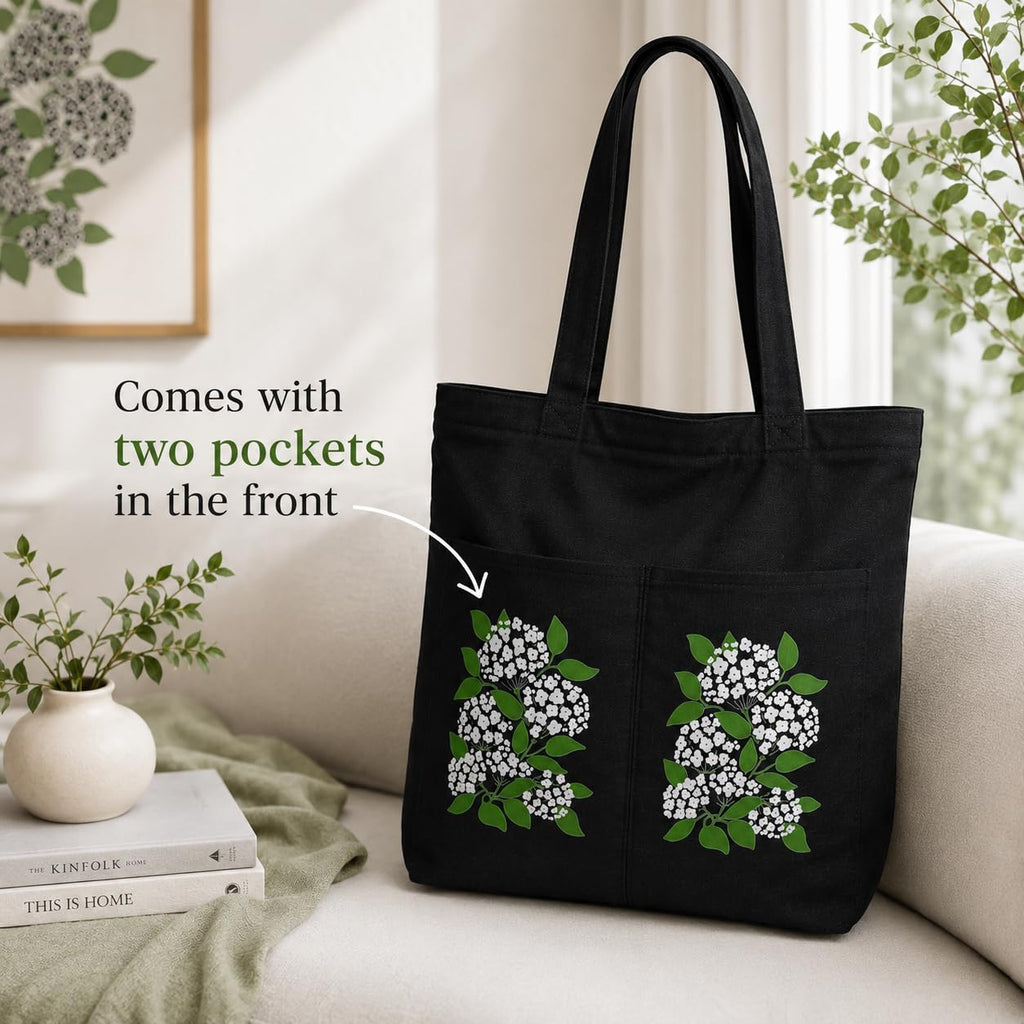 Suryatra Elderblossom Canvas Tote Bag for Women & Men | Premium Cotton Canvas Shoulder Bag with Dual Front Pockets | Tote Bag for Office, College, Shopping & Travel | Black | 14 x 16 Inches
