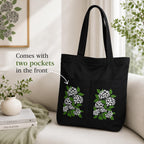 Suryatra Elderblossom Canvas Tote Bag for Women & Men | Premium Cotton Canvas Shoulder Bag with Dual Front Pockets | Tote Bag for Office, College, Shopping & Travel | Black | 14 x 16 Inches