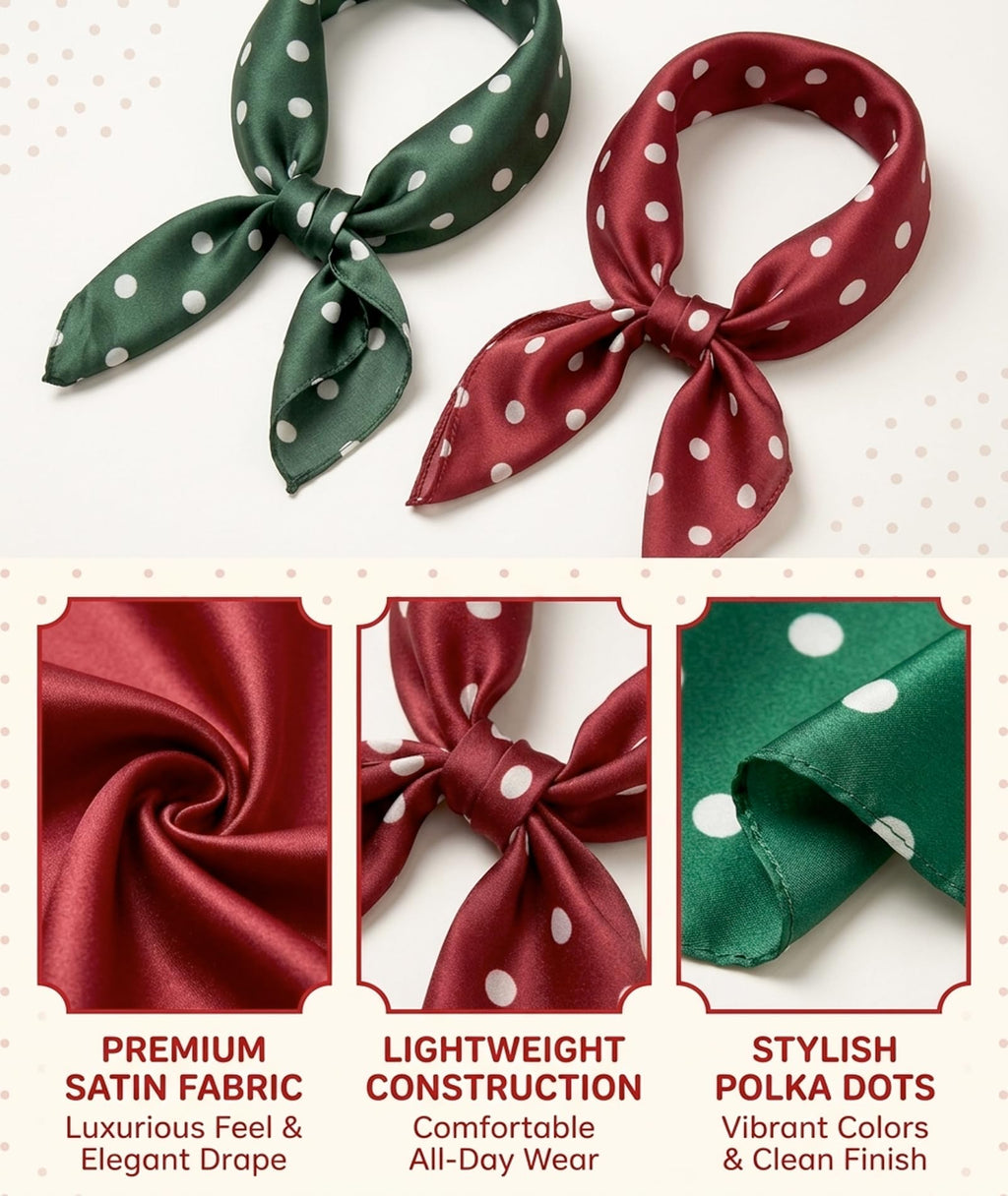 NHCDFA 2 PCS Satin Scarf for Women Stylish, Neck Scarf for Women, Head Scarf for Women,Polka Dot Design Fashion Accessory, Set Green and Red, Versatile Wear for Outfits