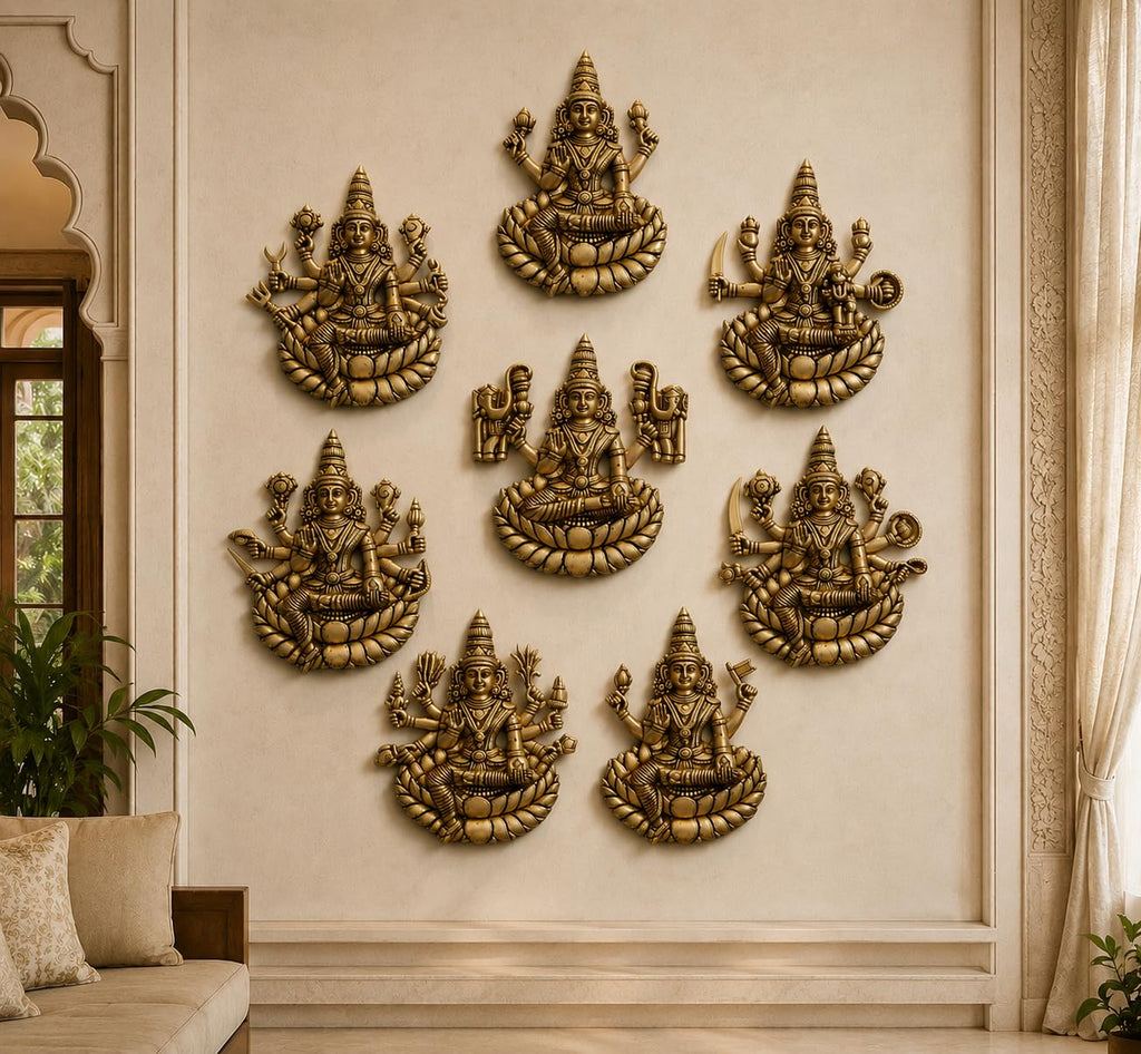 ARTVARKO Brass Ashtalakshmi Laxmi Set of 8 Pcs Ashta Lakshmi Wall/Door Hanging Luxmi for Home Office Décor Gift (Each Idol 4.5x5.5 Inch)