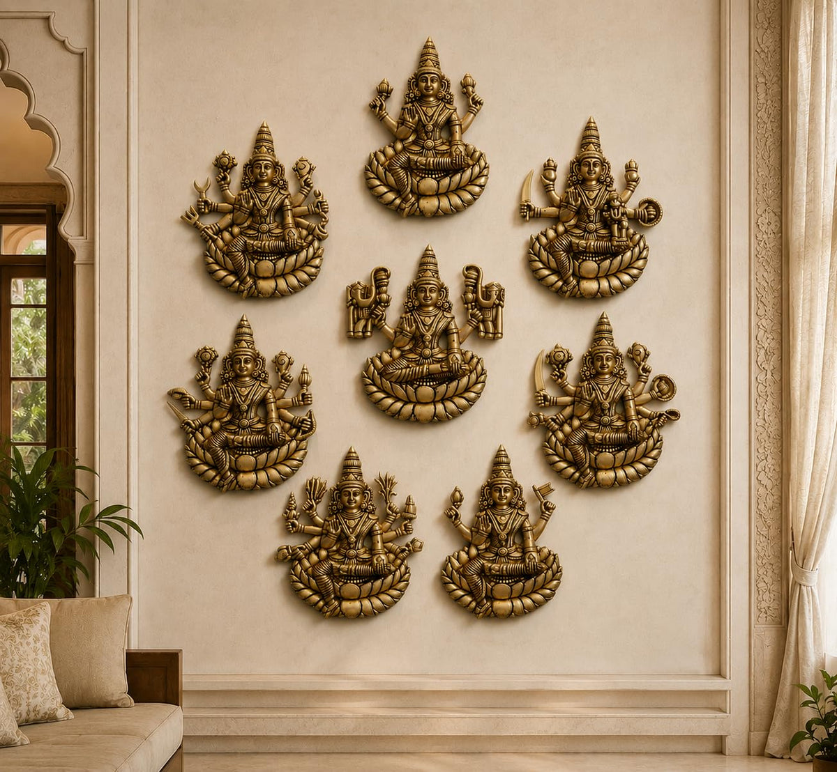 ARTVARKO Brass Ashtalakshmi Laxmi Set of 8 Pcs Ashta Lakshmi Wall/Door Hanging Luxmi for Home Office Décor Gift (Each Idol 4.5x5.5 Inch)
