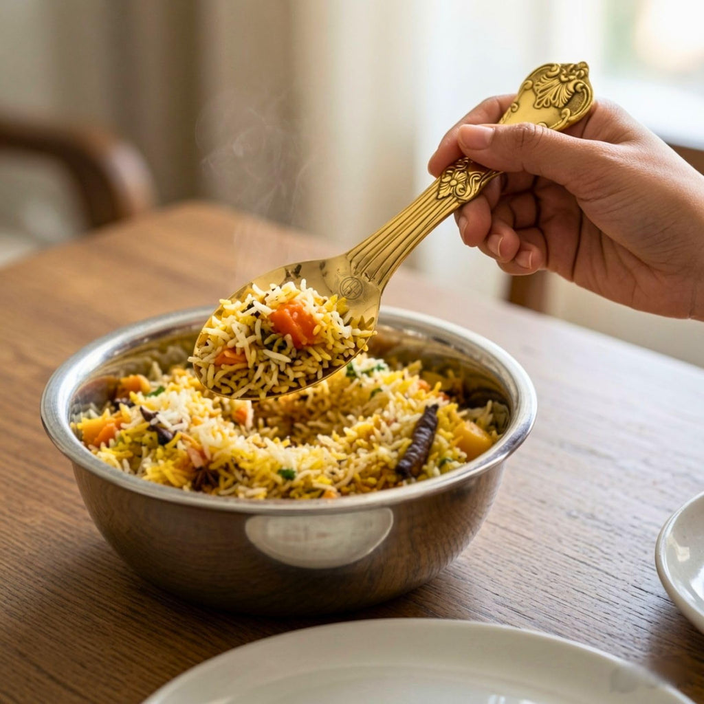 DSH Pure Brass Spoon Cooking and Serving Spoon Set Embossed Design for Home Hotel and Restaurant. (Rice Palta)
