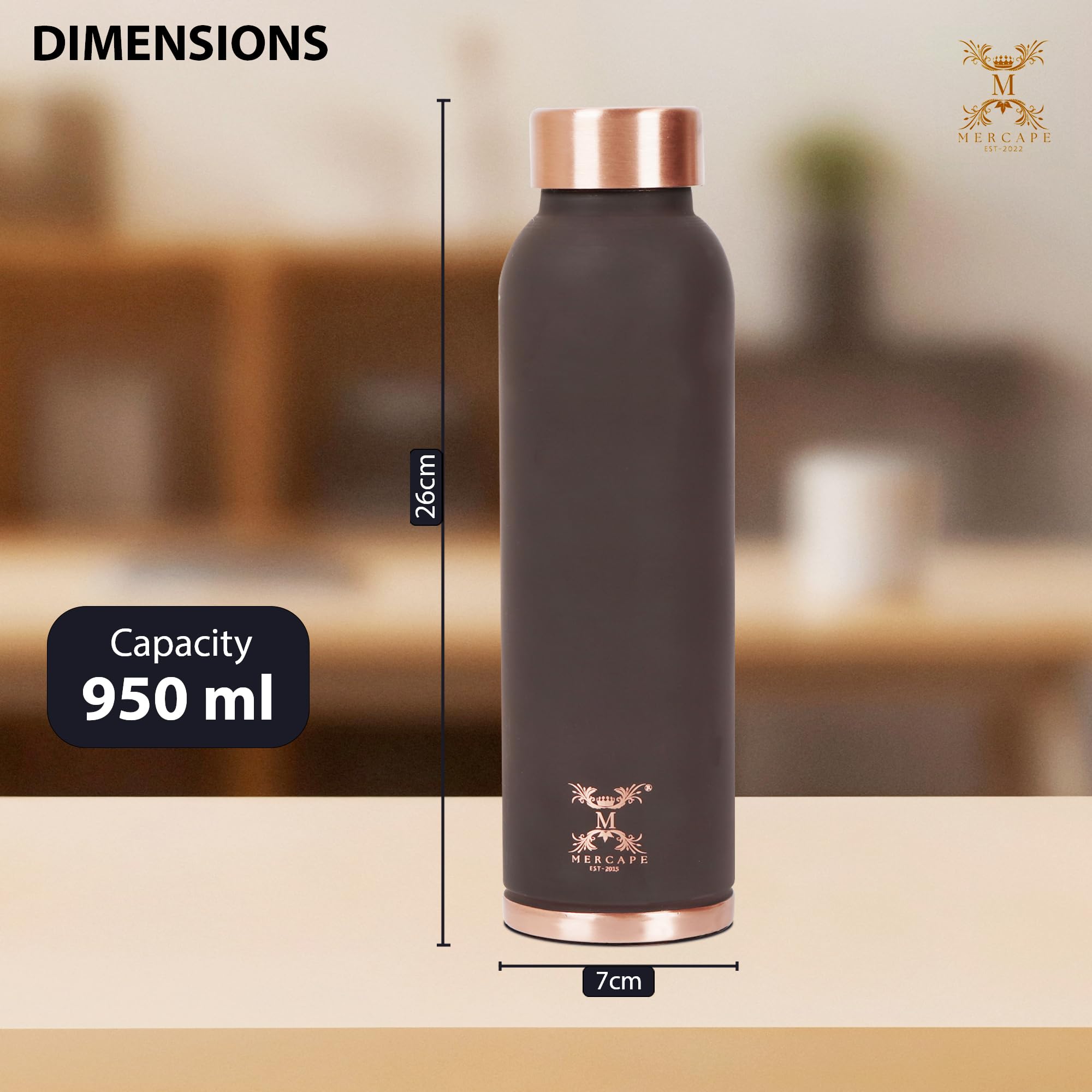 MERCAPE Pure Copper Color Water Bottle 950 ml | Matte Finish Reusable Metal Bottle with Leak-Resistant Cap | Suitable for Home, Office & Travel (Matte Brown)