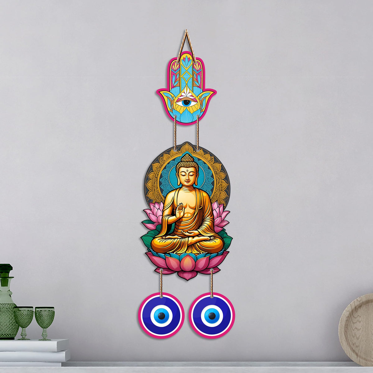 Artvibes Buddha Lotus Wall Hanging with Hamsa Hand & Evil Eye Charms | Decorative Spiritual Hanging for Positive Energy | Wooden Home Decor for Living Room | Office | Religious Art Gift (WH_8597N)