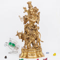 ARTVARKO Brass Krishna with Cow Standing Playing Flute Idol Statue for Home Mandir Pooja Krishan Ji Murti Temple Puja Office Home Décor Showpiece Gift 14 Inch.