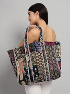 Ravaiyaa - Attitude is everything Patchwork Quilted Tote Bag Women Reversible Shoulder Bag Cotton Carry Bag Multipurpose Tote Bags (Black)
