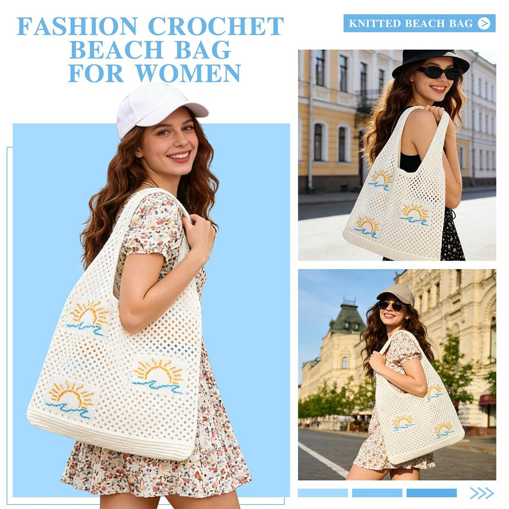 Crochet Bag For Women Stylish, Tote Bag For College Girls, Beach Bag For Women Stylish, Cotton Tote Bag For Woman, Crochet Bags, Cloth Bag For Woman, Ivory White Sunrise Sun Hook Handmade Beach Tote