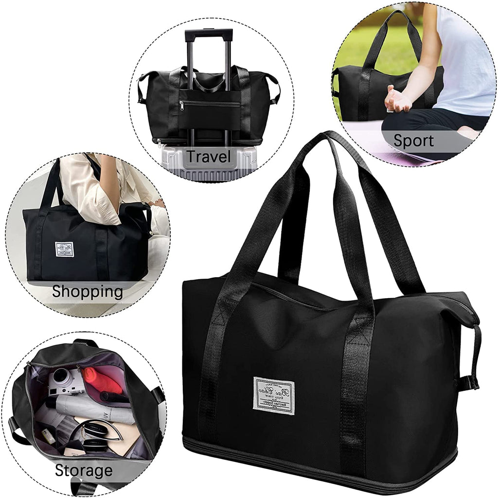 Viyaro Polyester Multi-Purpose Tote Bag | Foldable Waterproof Design with Dry & Wet Separation, Multiple Utility Pockets with Zipper & Lightweight Shoulder Carrying Comfort | Organized Option—black