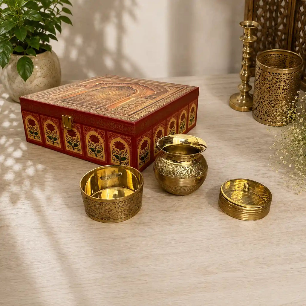 Brass Pooja Kalash Kumkum Box and Bowl Gift Hamper Vedansh Craft