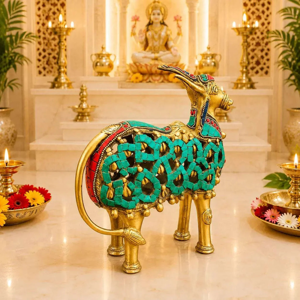 Brass Stone Work Standing Cow Idol Vedansh Craft