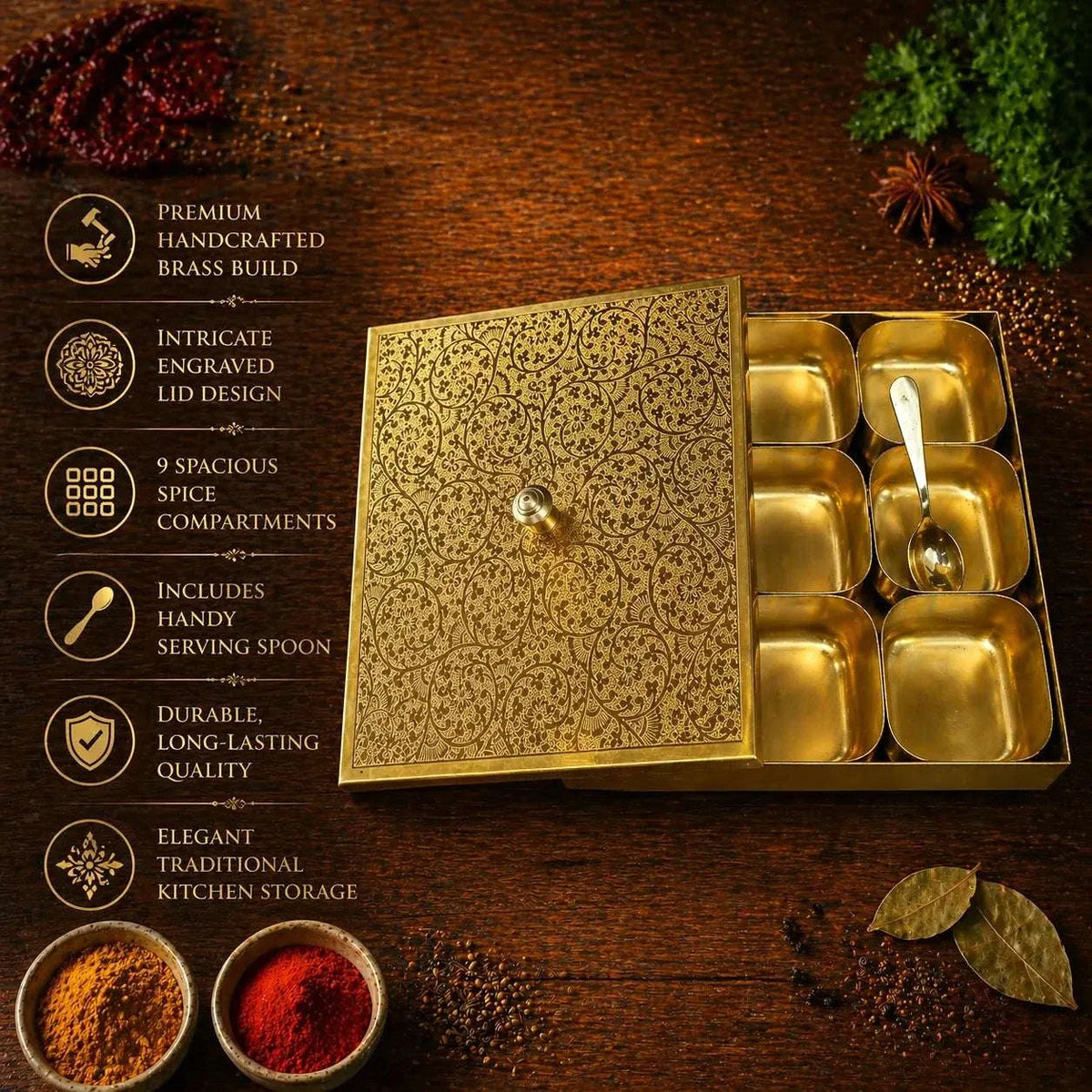 Brass Square Masala Daani / Spice Box (2 Inch) Vedansh Craft