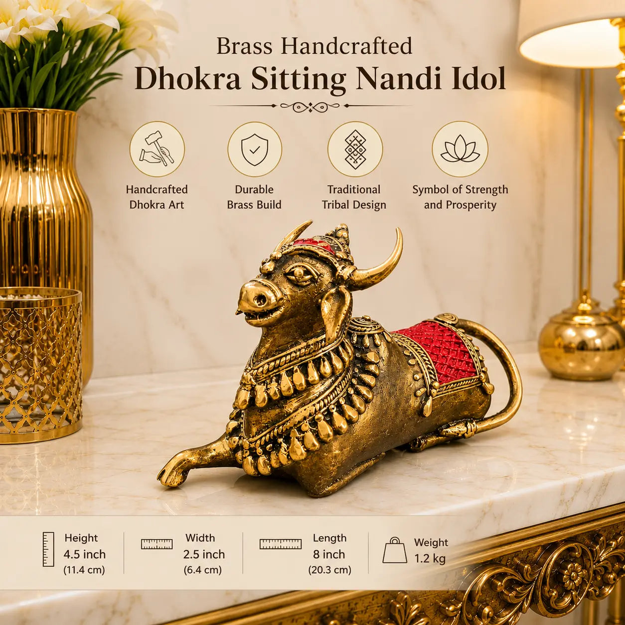 Brass Handcrafted Dhokra Sitting Nandi Idol (4.5 Inch) Vedansh Craft