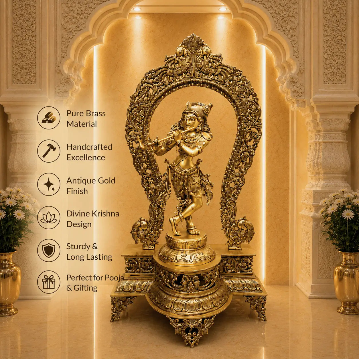 Brass Standing Krishna Idol On Throne / Singhasan (31 Inch) Vedansh Craft
