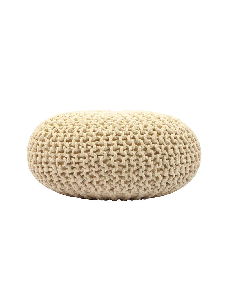 Handwoven Jute Round Pouffe in White for Living Room and Bedroom