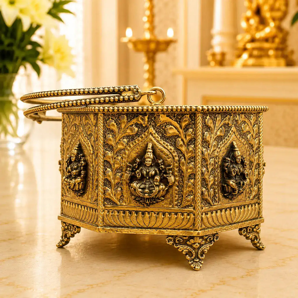 Brass Ashtalakshmi Basket With Handle And Leg (4 Inch) Vedansh Craft