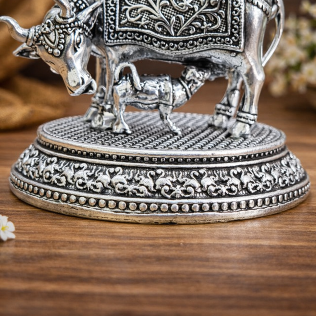 Brass Silver Plated Kamdhenu Cow With Calf Lightweight Idol (2 Inch) Vedansh Craft