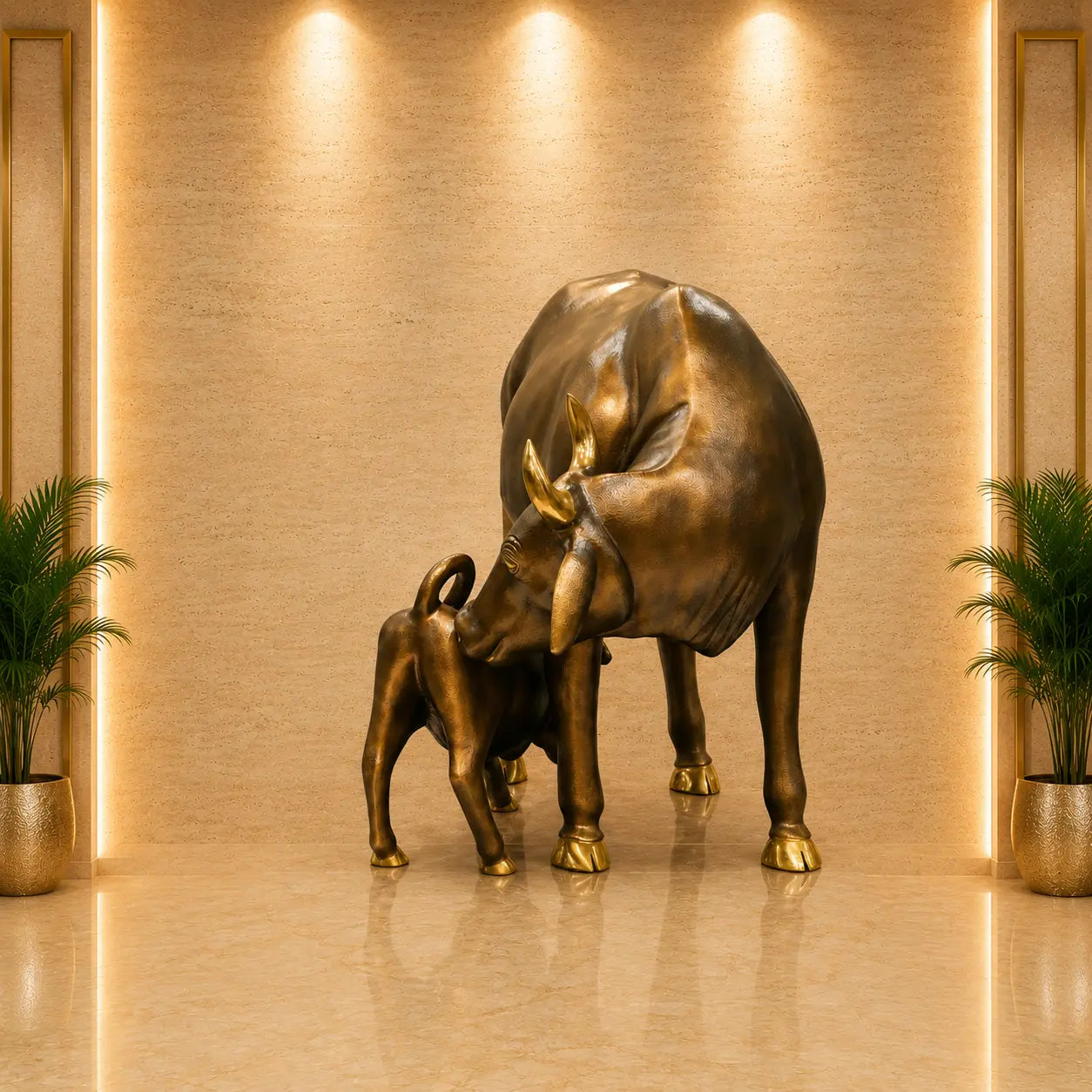 Brass Majestic Kamdhenu Cow with Calf Idol on Granite Base (33 Inch) Vedansh Craft
