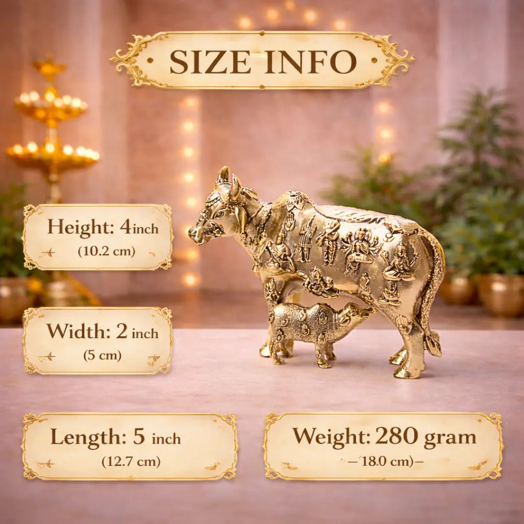 Brass Lightweight Kamdhenu Cow With Calf Idol (4 Inch) Vedansh Craft