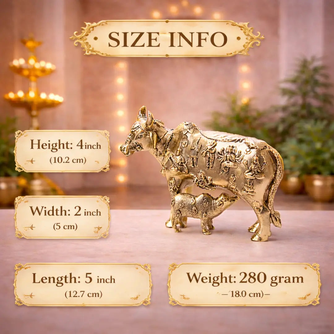 Brass Lightweight Kamdhenu Cow With Calf Idol (4 Inch) Vedansh Craft