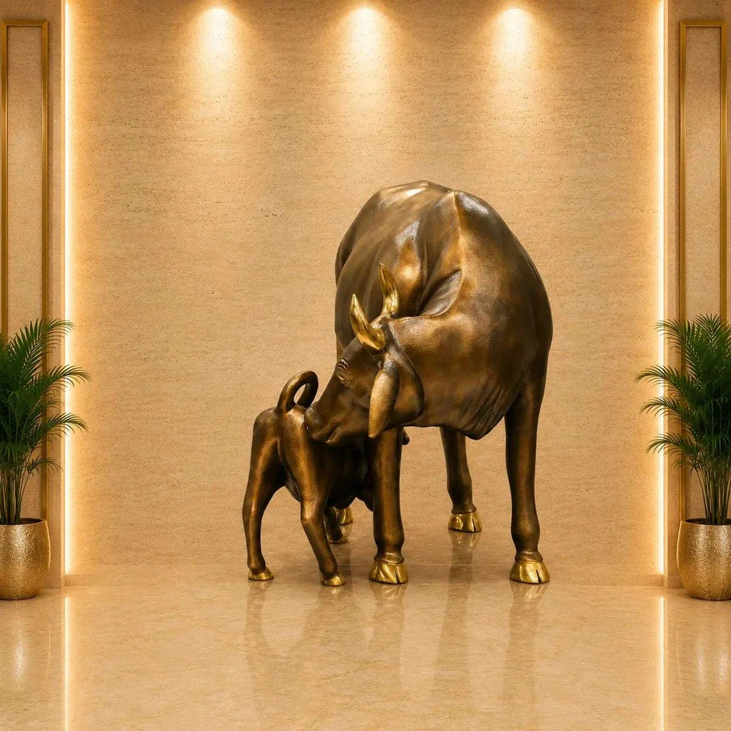 Brass Majestic Kamdhenu Cow with Calf Idol on Granite Base (33 Inch) Vedansh Craft