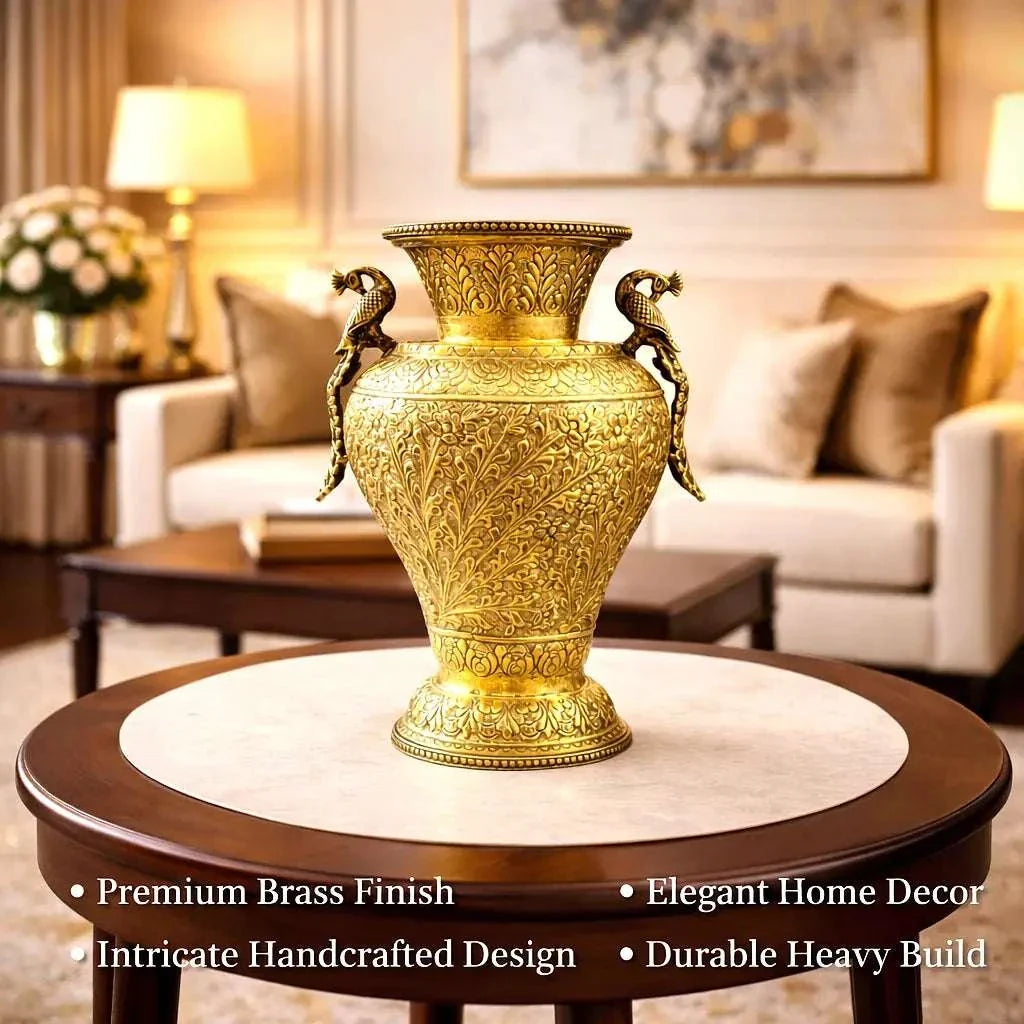 Brass Peacock Flower Vase / Planter Pot (11 Inch) Vedansh Craft