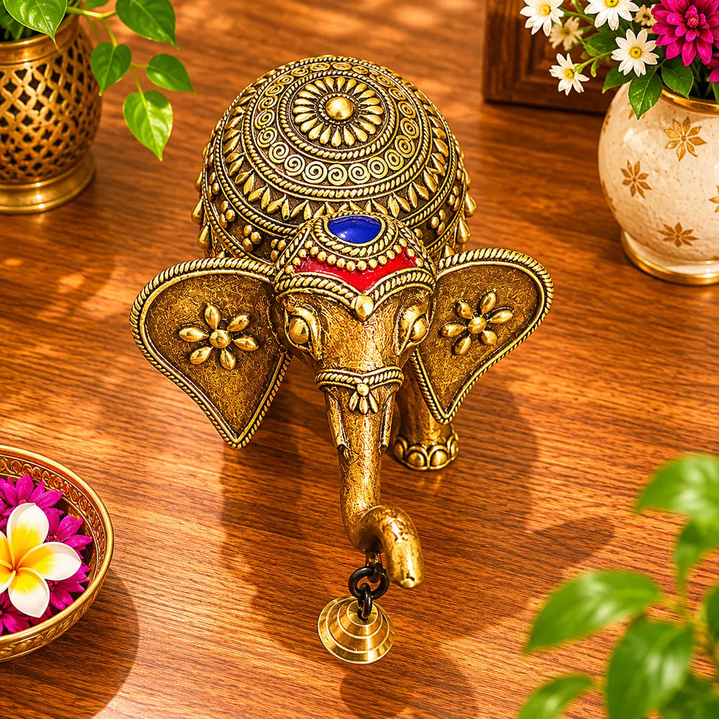 Brass Handcrafted Dhokra Elephant Statue With Bell (5.5 Inch) Vedansh Craft