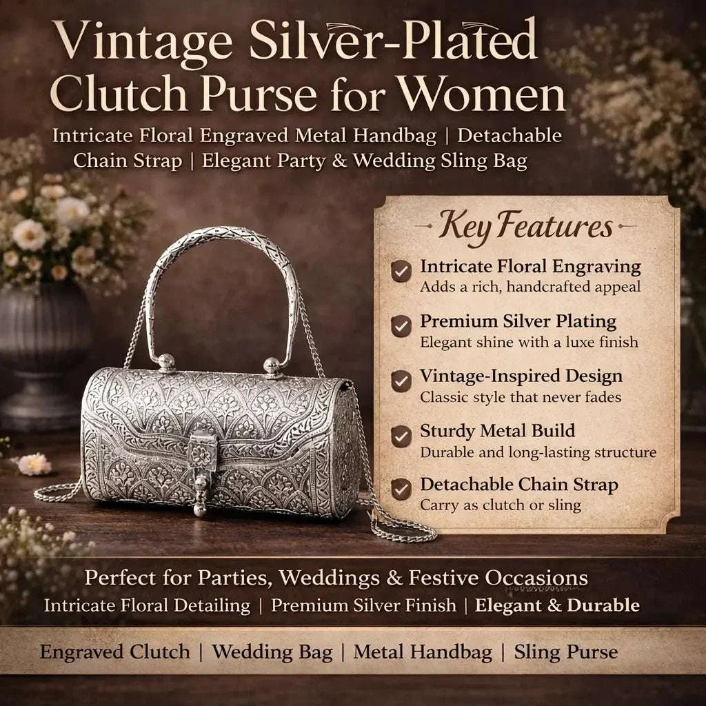 Brass Silver Plated Purse / Clutch bag (8.5 Inch) Vedansh Craft