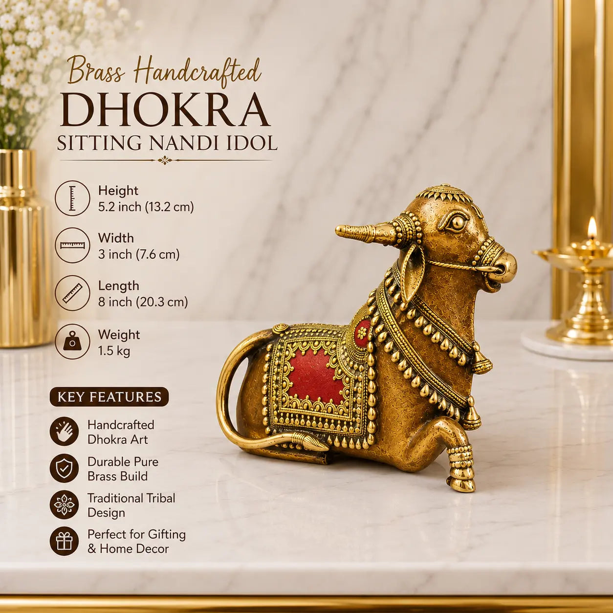 Brass Handcrafted Dhokra Sitting Nandi Idol (5.2 Inch) Vedansh Craft