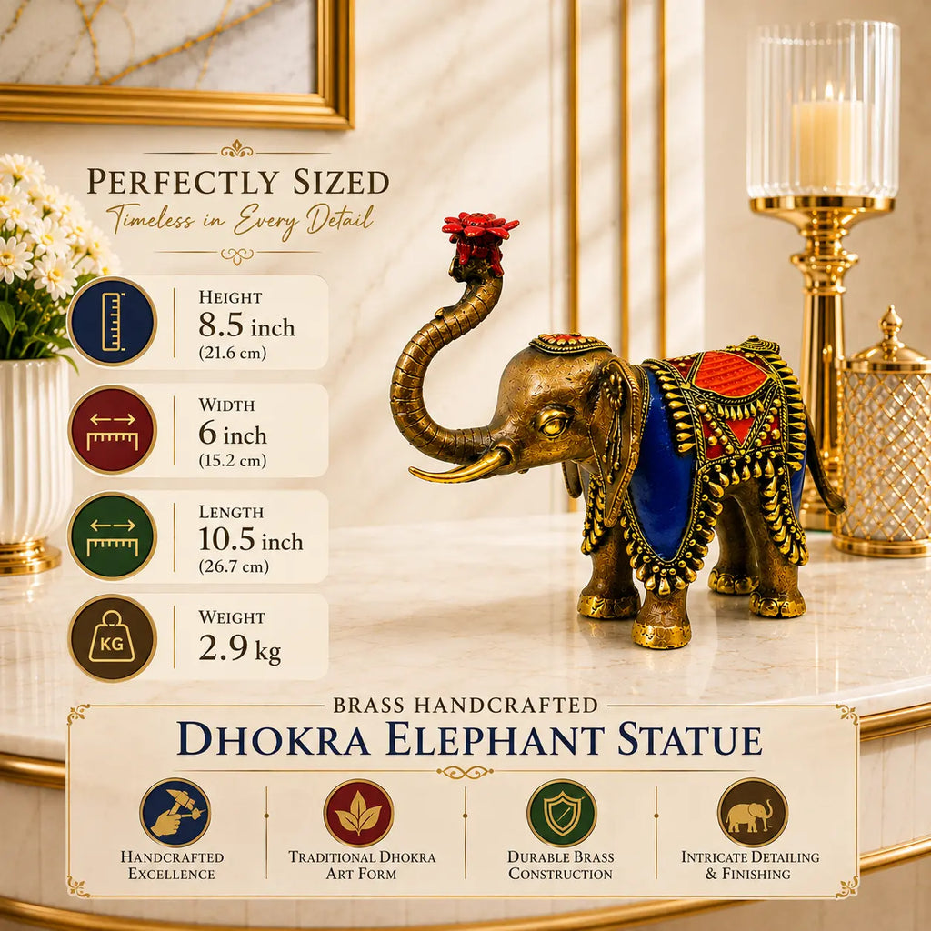 Brass Handcrafted Dhokra Elephant Statue (8.5 inch) Vedansh Craft