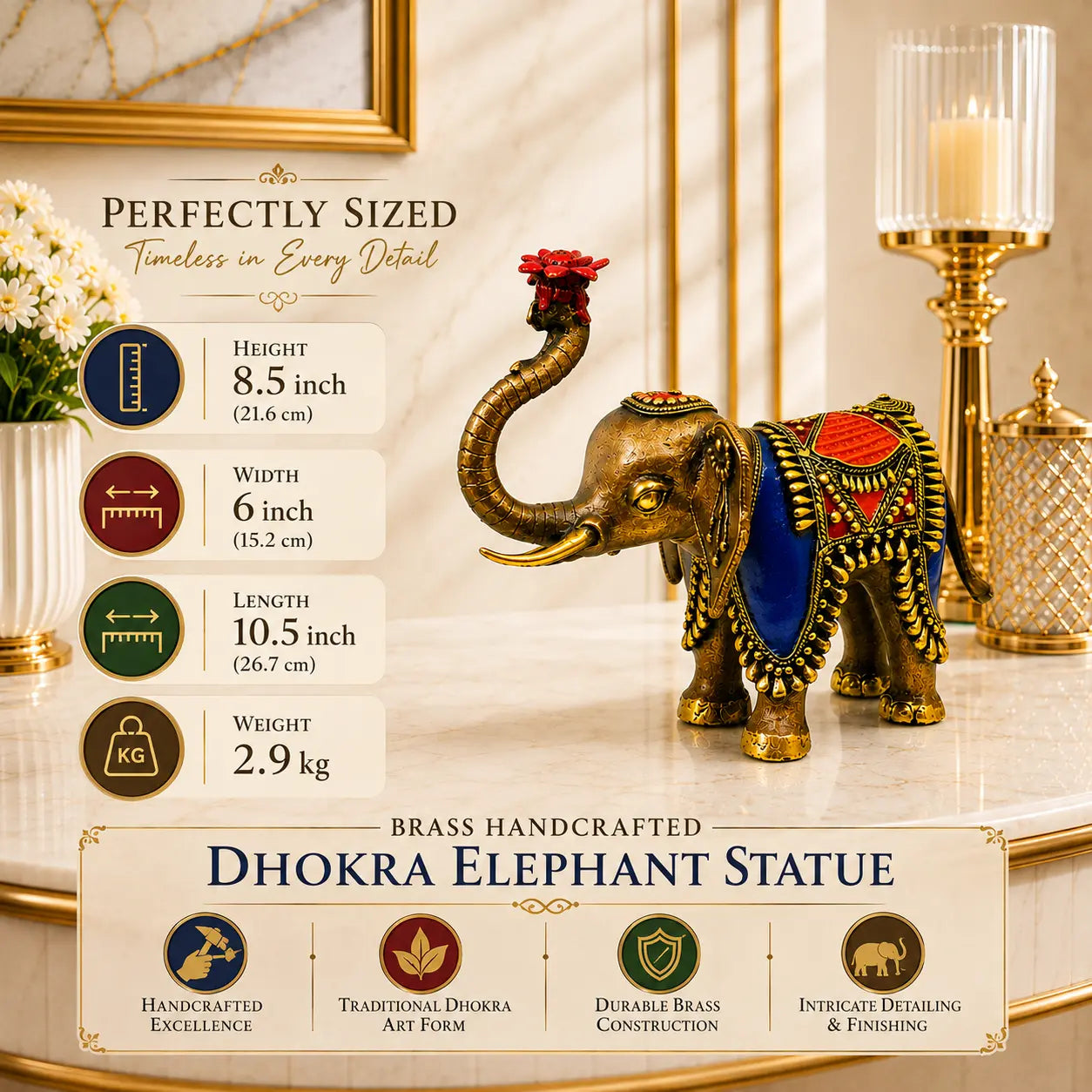 Brass Handcrafted Dhokra Elephant Statue (8.5 inch) Vedansh Craft