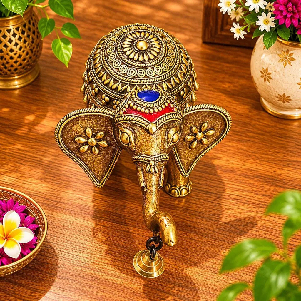 Brass Handcrafted Dhokra Elephant Statue With Bell (5.5 Inch) Vedansh Craft