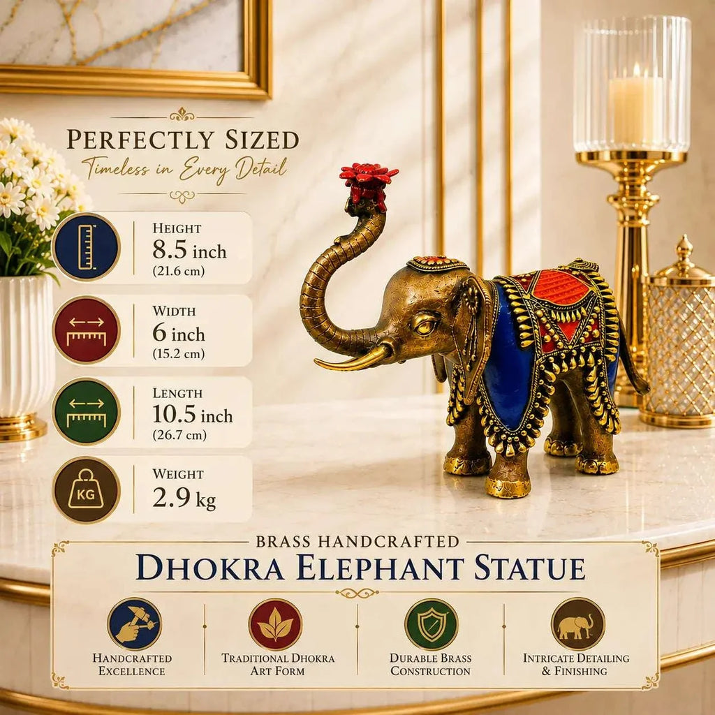 Brass Handcrafted Dhokra Elephant Statue (8.5 inch) Vedansh Craft