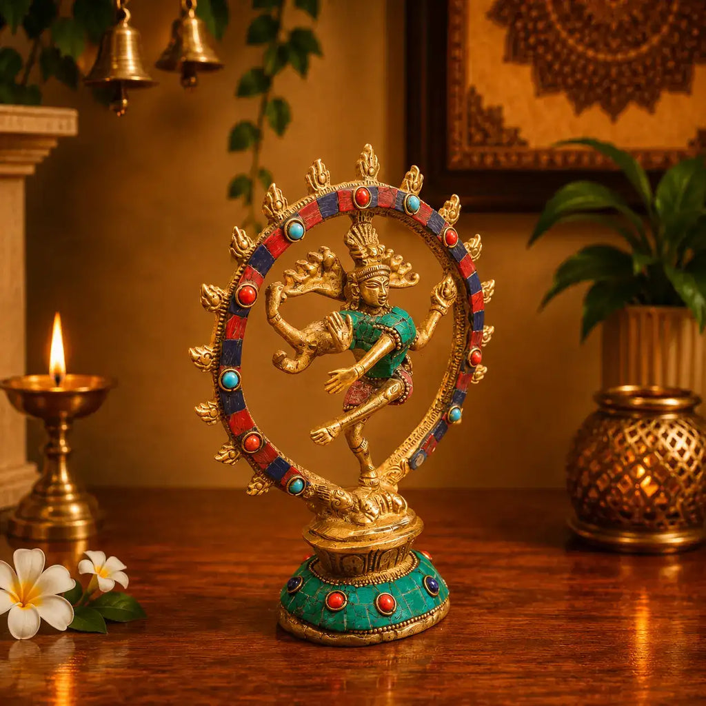 Brass Stone Work Nataraja Dancing Shiva Idol (7.5 Inch) Vedansh Craft