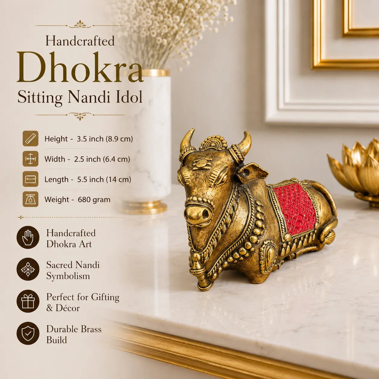 Brass Handcrafted Dhokra Sitting Nandi Idol (3.5 Inch) Vedansh Craft