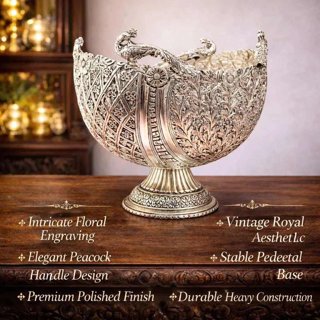 Brass Silver Plated Decorative Basket with Peacock Design (10 Inch) Vedansh Craft