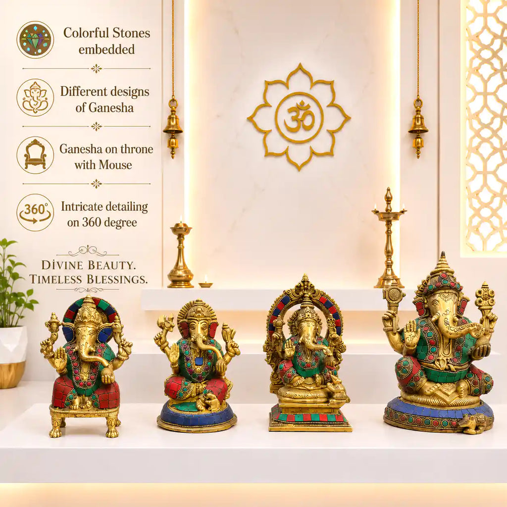 Brass Stone Work Sitting Ganesha Idol Vedansh Craft